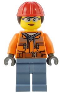 Construction Worker - Female, Orange Safety Jacket, Reflective Stripe, Sand Blue Hoodie, Sand Blue Legs, Red Construction Helmet with Dark Brown Hair cty1554