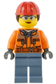 Construction Worker - Female, Orange Safety Jacket, Reflective Stripe, Sand Blue Hoodie, Sand Blue Legs, Red Construction Helmet with Dark Brown Hair - cty1554