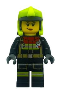 Fire - Female, Black Jacket and Legs with Reflective Stripes and Red Collar, Neon Yellow Fire Helmet, Right Raised Eyebrow, Medium Nougat Lips, Smirk cty1555