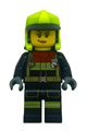 Female firefighter in black jacket and legs with reflective stripes, red collar, neon yellow fire helmet, raised eyebrow, medium nougat lips, and a smirk - cty1555