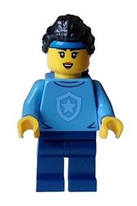 Police - City Officer in Training Female, Medium Blue Shirt with Badge, Dark Blue Legs, Black Hair, Headband cty1560