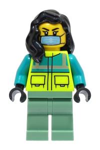 Ambulance Driver - Female, Dark Turquoise and Neon Yellow Safety Vest, Sand Green Legs, Black Hair, Surgical Mask cty1569