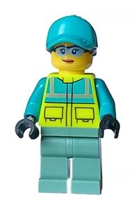 Paramedic - Female, Dark Turquoise and Neon Yellow Safety Vest, Sand Green Legs, Dark Turquoise Ball Cap with Black Ponytail, Glasses cty1573