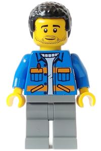 Lawn Mower Operator Minifigure - Male lawn mower operator in a blue jacket with diagonal lower pockets and orange stripes, dark bluish gray legs, black coiled hair, and stubble - cty1574