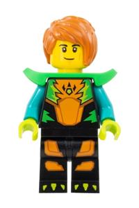 Stuntz Driver Minifigure - Male stunt driver in a black jumpsuit with orange trim, dark turquoise arms, bright green shoulder pads, and dark orange hair - cty1575