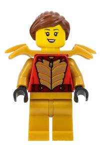 Stuntz Driver Minifigure - Female stunt driver with a ponnytail wearing a red racing jacket with gold scales, pearl gold legs and shoulder armor - cty1577