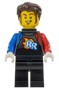 Rocket Racer Minifigure - Stuntz driver Rocket Racer with dark brown hair, wearing a black jumpsuit with blue and red arms - cty1578
