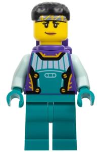 Stuntz Driver Minifigure - Female stunt driver in dark purple and dark turquoise race suit with light aqua arms, dark purple air tanks, and black short hair - cty1579