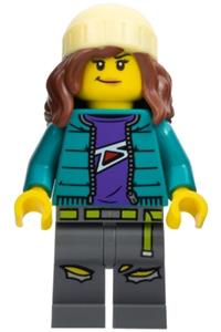 Fearless Fi - Stuntz Announcer, Dark Turquoise Jacket over Dark Purple Shirt, Dark Bluish Gray Legs, Reddish Brown Hair with Bright Light Yellow Knit Ski Cap cty1580