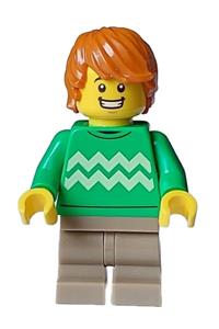 Boy - Bright Green Sweater - Boy with dark orange hair, wearing a bright green sweater and dark tan medium legs, with an open mouth smile - cty1582