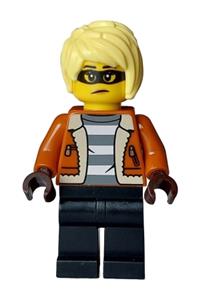 City Bandit Crook Female Minifigure - Female city bandit crook police minifigure with dark orange jacket, black legs, and bright light yellow hair - cty1586
