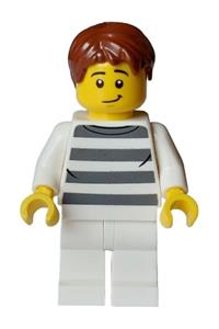 City Bandit Crook Male Minifigure - Male city bandit crook wearing a white shirt with dark bluish gray prison stripes, white legs, and reddish brown hair - cty1587