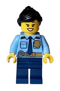 Police - City Officer Female, Shirt with Dark Blue Tie and Gold Badge, Dark Tan Belt with Radio, Dark Blue Legs, Black Ponytail cty1589