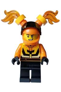 Stuntz Driver Minifigure - Male stunt driver wearing a bright light orange and black jacket, black legs, and an orange helmet with flames and a black visor - cty1590