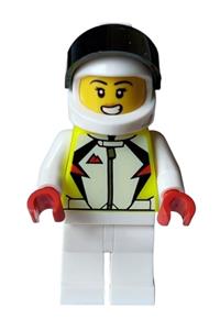 Stuntz Driver Minifigure - Female stunt driver with a neon yellow jacket, white helmet with black visor, and white legs - cty1591