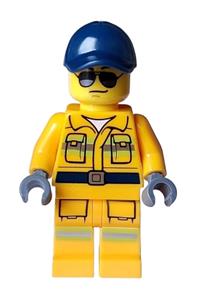Stuntz Crew Minifigure - Male member of the Stuntz Crew wearing a bright light orange suit with reflective stripes, a dark blue cap, and sunglasses - cty1592