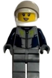 Race Car Driver Minifigure - Female race car driver in dark blue and flat silver race suit with a white helmet - cty1593