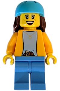 Scooter Rider Minifigure - Female scooter rider with a reddish brown long hair, bright light orange jacket, medium blue legs, and a medium azure helmet - cty1594