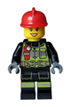 Female firefighter with a red fire helmet, reflective stripes, utility belt, and flashlight - cty1596