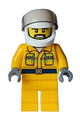 Male firefighter with reflective stripes wearing a bright light orange jacket and legs, white helmet, and trans-brown visor - cty1597