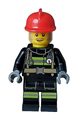 Male firefighter with reflective stripes on a utility belt, wearing a red fire helmet and dark tan/light bluish gray sideburns - cty1598