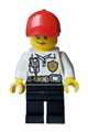 Female firefighter in a white shirt with fire logo and belt, black legs, red cap with ponytail, smirk, and medium nougat lips - cty1599
