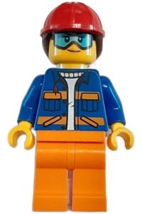 Construction Worker - Female, Blue Open Jacket with Pockets and Orange Stripes, Orange Legs, Red Construction Helmet with Dark Brown Hair, Goggles cty1600