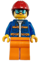 Construction Worker - Female, Blue Open Jacket with Pockets and Orange Stripes, Orange Legs, Red Construction Helmet with Dark Brown Hair, Goggles - cty1600