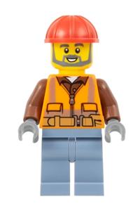 Airport Worker - Male, Orange Safety Vest, Reflective Stripes, Reddish Brown Shirt, Sand Blue Legs, Red Construction Helmet, Dark Bluish Gray Beard cty1602