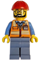Male construction worker in an orange safety vest with reflective stripes, sand blue legs, and a red construction helmet - cty1603
