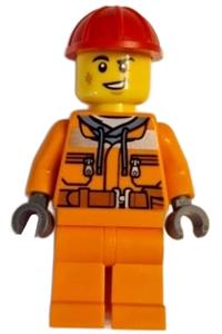 Construction worker - male, orange safety jacket, reflective stripe, sand blue hoodie, orange legs, red construction helmet cty1604