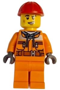Construction worker Minifigure - Male construction worker wearing an orange safety jacket with reflective stripe, sand blue hoodie, orange legs, and a red construction helmet - cty1604