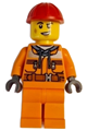Male construction worker wearing an orange safety jacket with reflective stripe, sand blue hoodie, orange legs, and a red construction helmet - cty1604