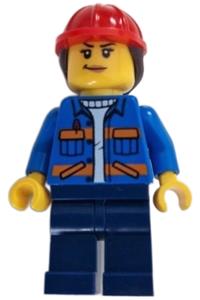 Construction worker - female, blue jacket with diagonal lower pockets and orange stripes, dark blue legs, red construction helmet with dark brown ponytail hair cty1605