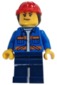 Female construction worker in a blue jacket with diagonal pockets and orange stripes, dark blue legs, wearing a red construction helmet with dark brown ponytail hair - cty1605