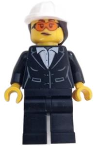 Construction Engineer \ Architect - female, black suit jacket with white button up shirt, black legs, white construction helmet with dark brown ponytail hair, safety glasses cty1606