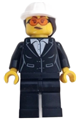 Female construction engineer with black suit jacket, white button-up shirt, black legs, white construction helmet, dark brown ponytail hair, and safety glasses - cty1606