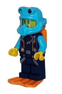 Arctic Explorer Diver Minifigure - Male Arctic Explorer Diver in dark blue diving suit with orange air tanks and flippers, wearing a medium azure helmet - cty1609