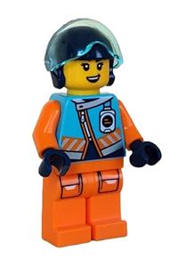 Arctic Explorer Pilot Minifigure - Female Arctic explorer pilot with a medium azure jacket, name badge, dark blue helmet, and trans-light blue visor - cty1610