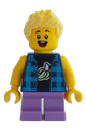 Boy wearing a flannel vest over a shirt with a banana, medium lavender short legs, and bright light yellow spiked hair - cty1615