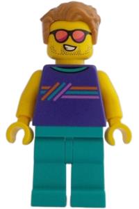 Ice-cream shop customer Minifigure - Male ice-cream shop customer with dark purple sleeveless shirt, dark turquoise legs, medium nougat hair, and sunglasses - cty1616