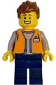 Male convenience store worker with reddish brown hair wearing an orange open vest and dark blue legs - cty1619