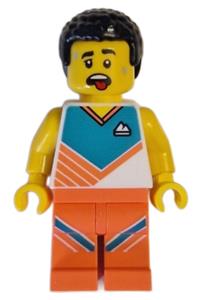 Fitness Instructor Minifigure - Male fitness instructor in a white shirt with dark turquoise panel, coral legs, and black hair - cty1620