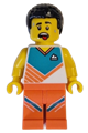 Male fitness instructor in a white shirt with dark turquoise panel, coral legs, and black hair - cty1620