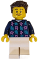 Male apartment building resident with dark brown hair, moustache, wearing a dark blue jacket with flowers and leaves, and white legs - cty1621