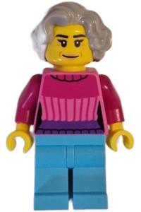 Apartment Building Resident - Female apartment building resident with medium azure legs, wearing a dark pink sweater and light bluish gray wavy hair - cty1622