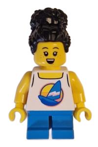 Child Minifigure - Girl child with black coiled hair in bun, wearing white tank top with sailboat and dark azure short legs, with freckles - cty1624