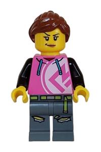 Kick Scooter Driver Minifigure - Female kick scooter driver wearing a dark pink hoodie and dark bluish gray legs - cty1626
