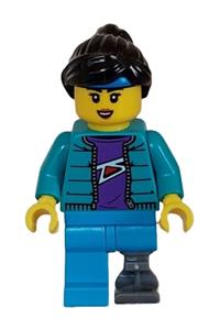 Skateboarder Minifigure - Female skateboarder in a dark turquoise jacket over a dark purple shirt, with a prosthetic leg - cty1628