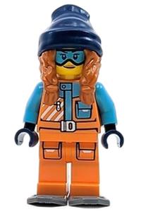 Arctic Explorer Minifigure - Female arctic explorer with dark orange braids and a dark blue beanie, wearing an orange jacket, medium azure goggles, and dark bluish gray snowshoes - cty1629